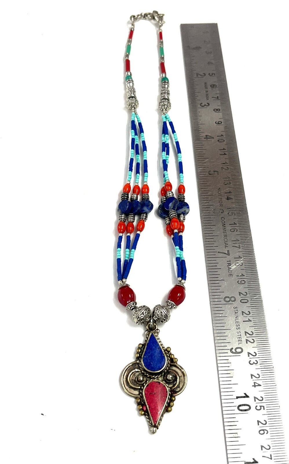 Antique Lapis Coral Gemstone Tibetan Statement Necklace Jewelry, 17 inch Adj