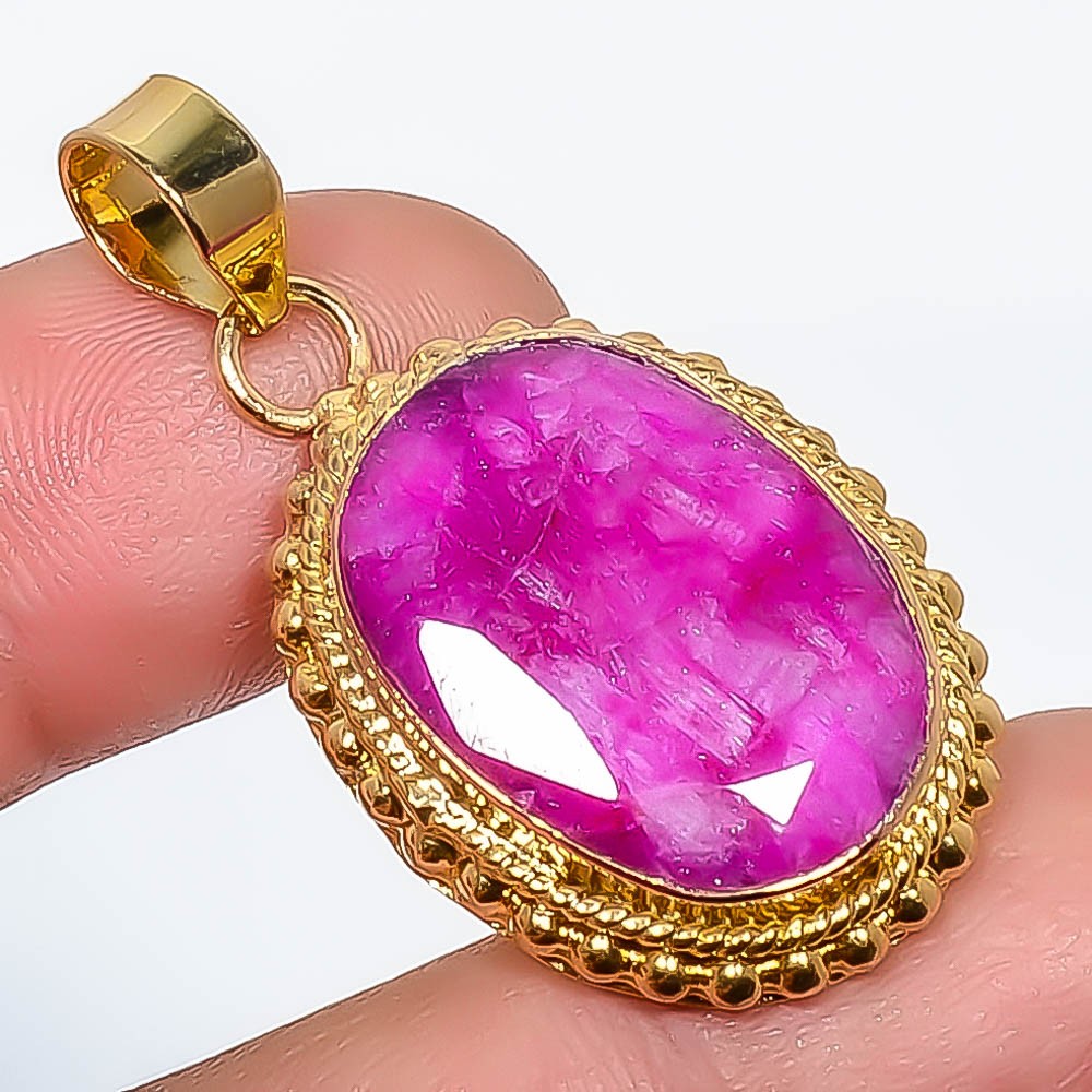 Ruby (Lab-Created) Gemstone 925 Silver Gold Plated Pendant 1.56″ P7622-304