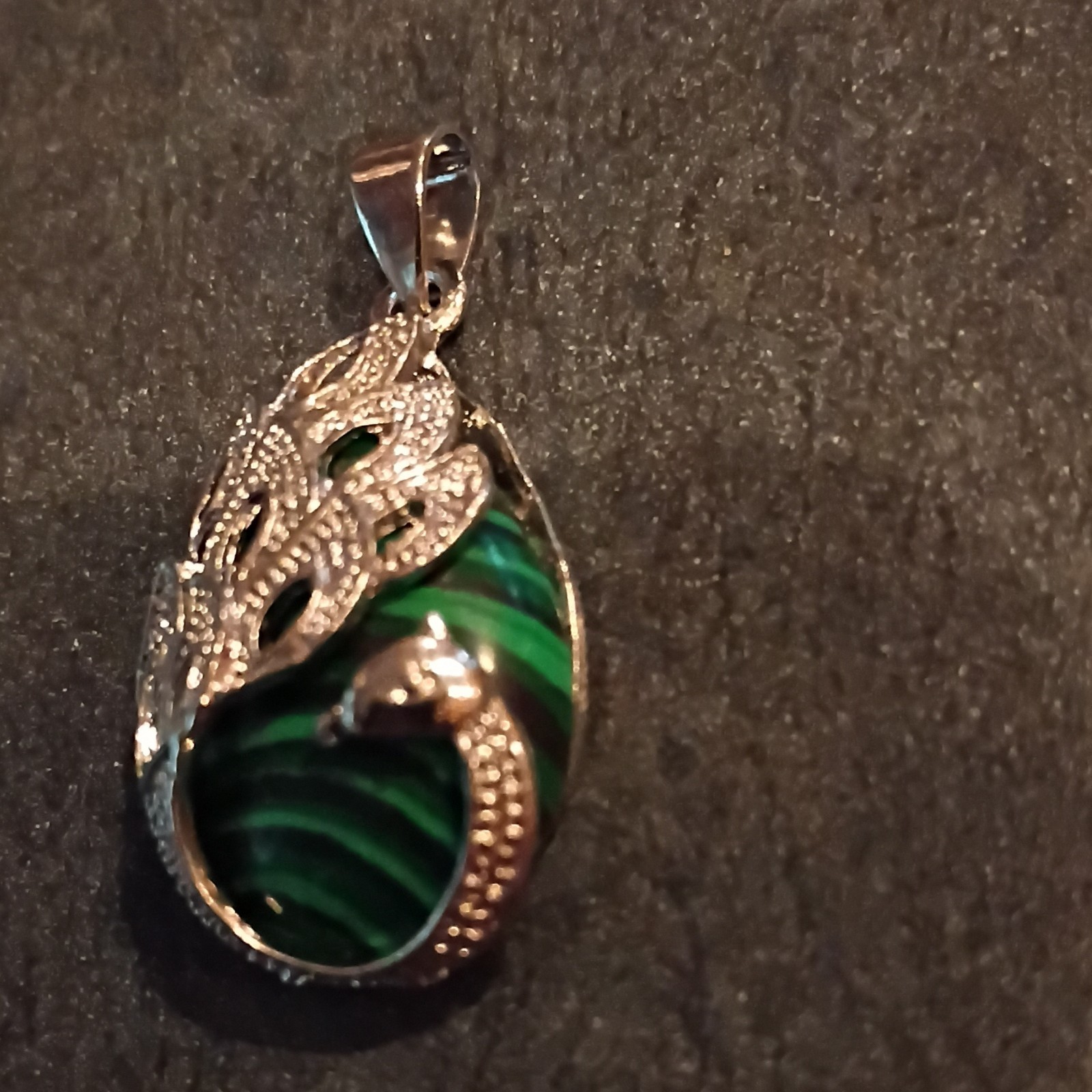 Teardrop Malachite Stone Charm Pendant Silver Tone Bezel Setting w/ Bail