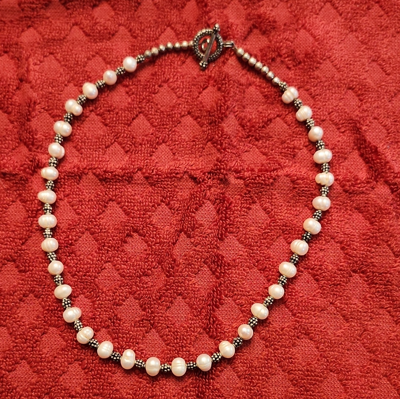 White Round Faux Pearl Beaded Necklace Silver Tone Closure Adjustable 16in