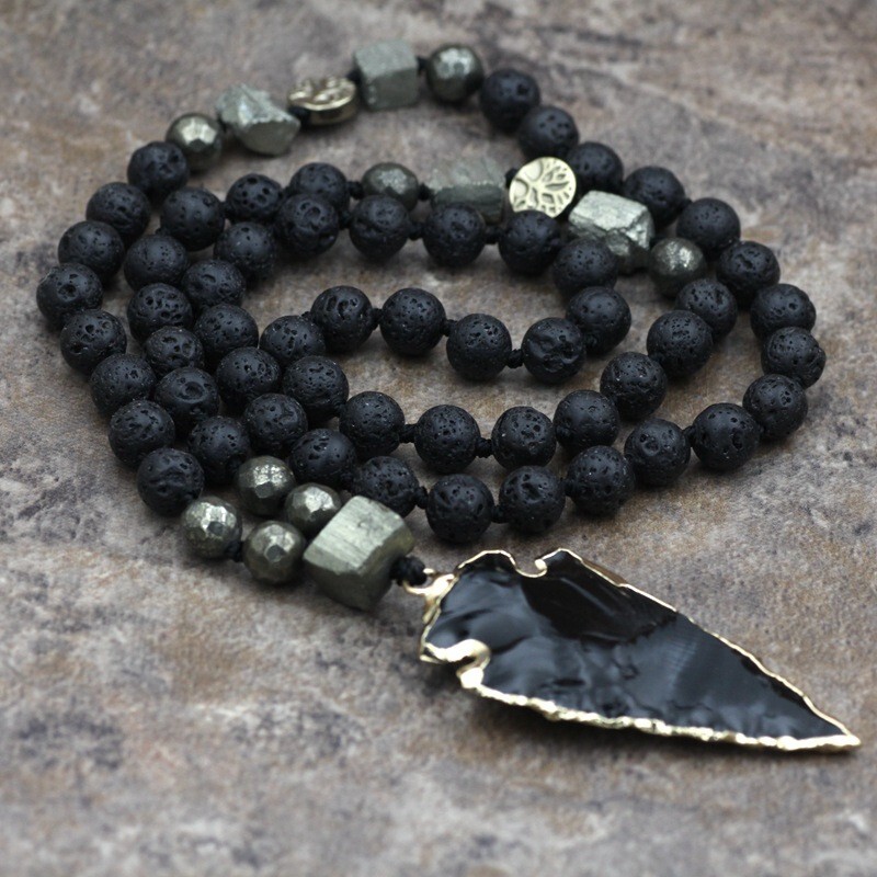 Lava Obsidian Mala Bead Healing Meditation Men Women Knotted Pendant Necklace
