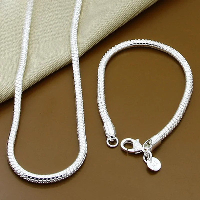 Silver Color 16/18/20/22/24/26/30 Inch Snake Chain Bracelet Necklace Sets For