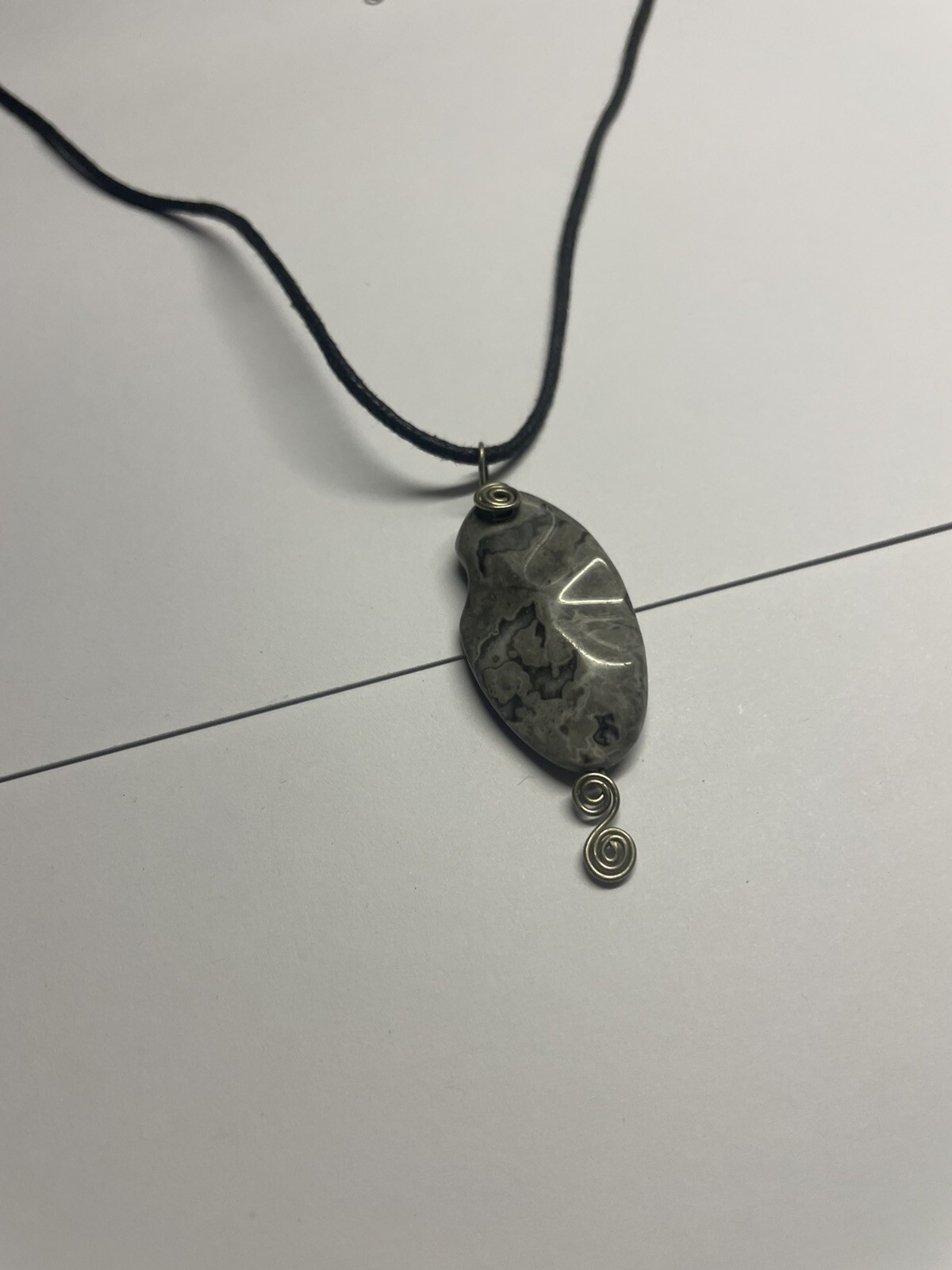 Women’s Grey Natural Stone Pendant / Black Cord Costume Necklace