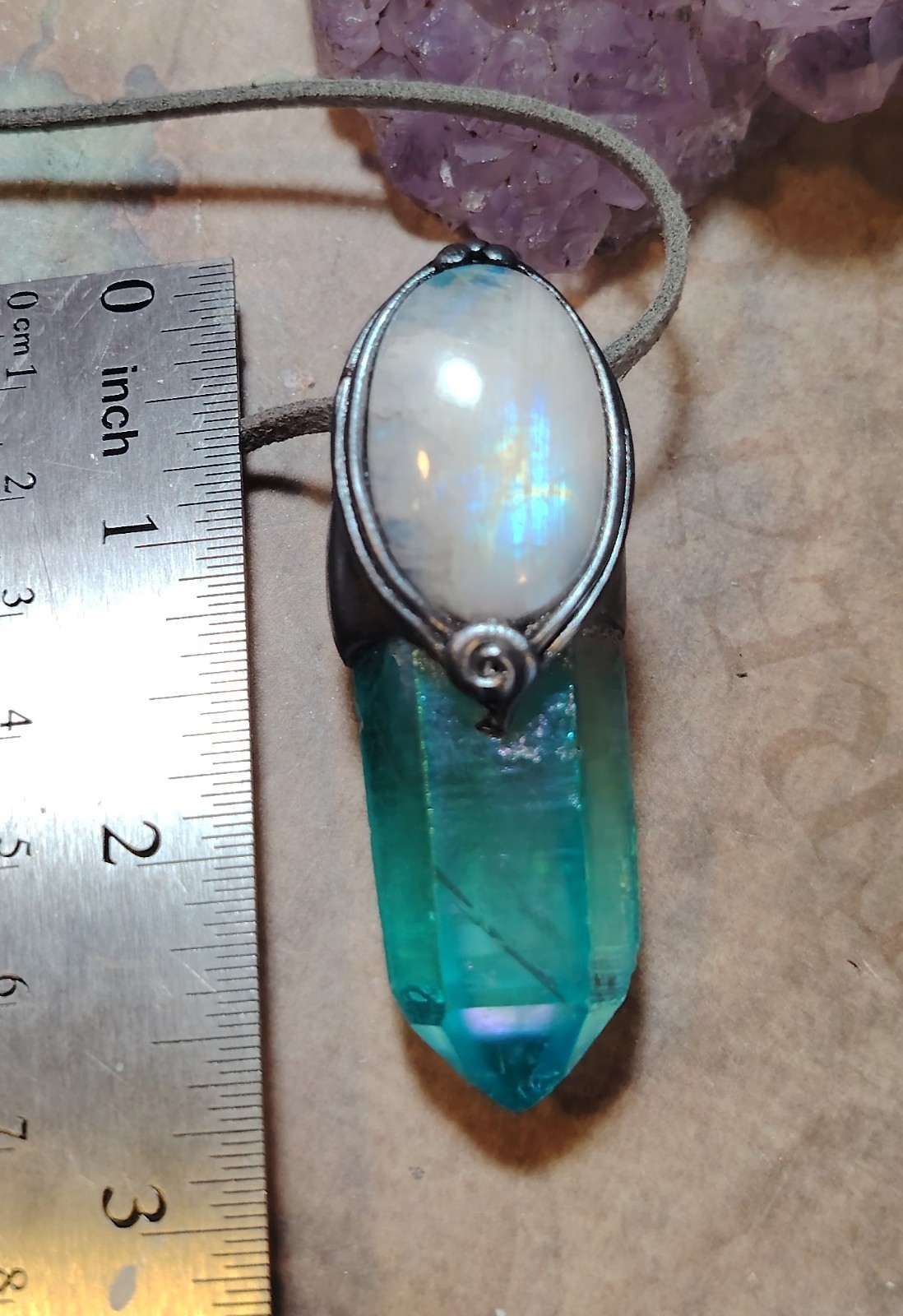 Moonlight. Moonstone Aqua Aura Quartz Crystal Pendant Necklace. Spiritual Gifts