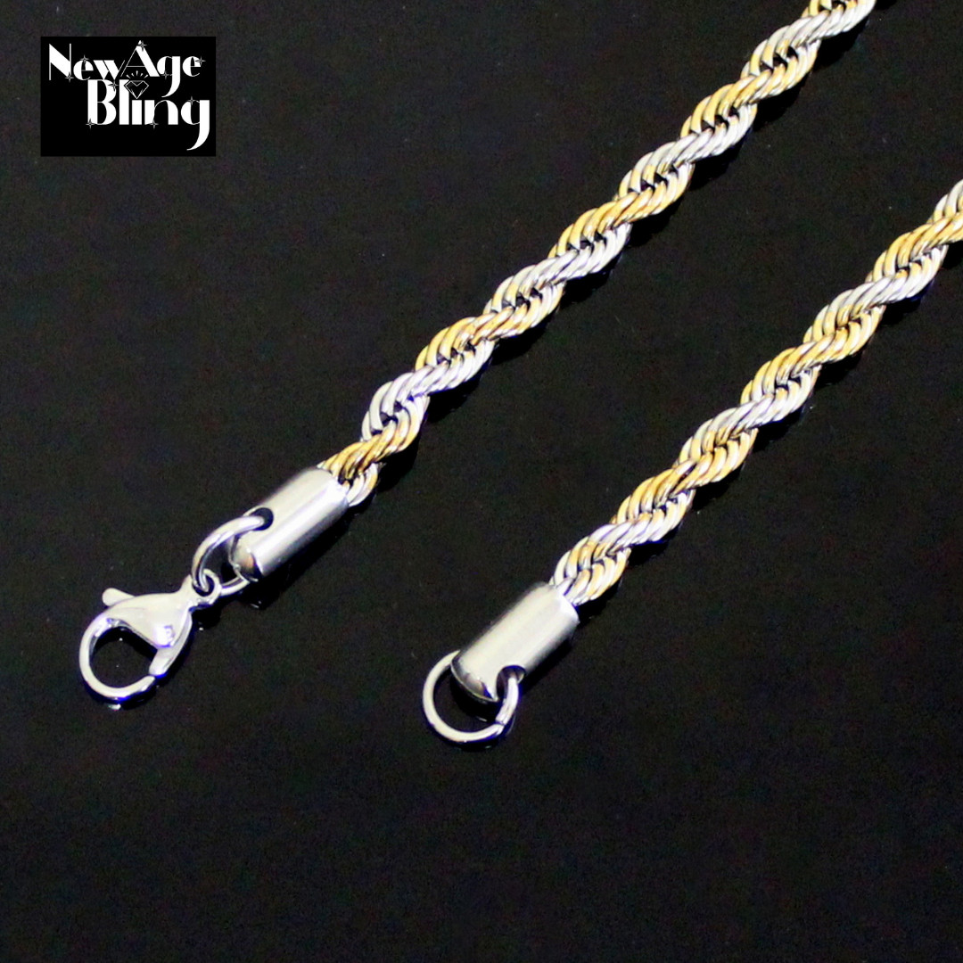 StainlessSteel Rope Chain Two Tone Plated 16″-30″ Men Women Twist Necklace 2-4mm