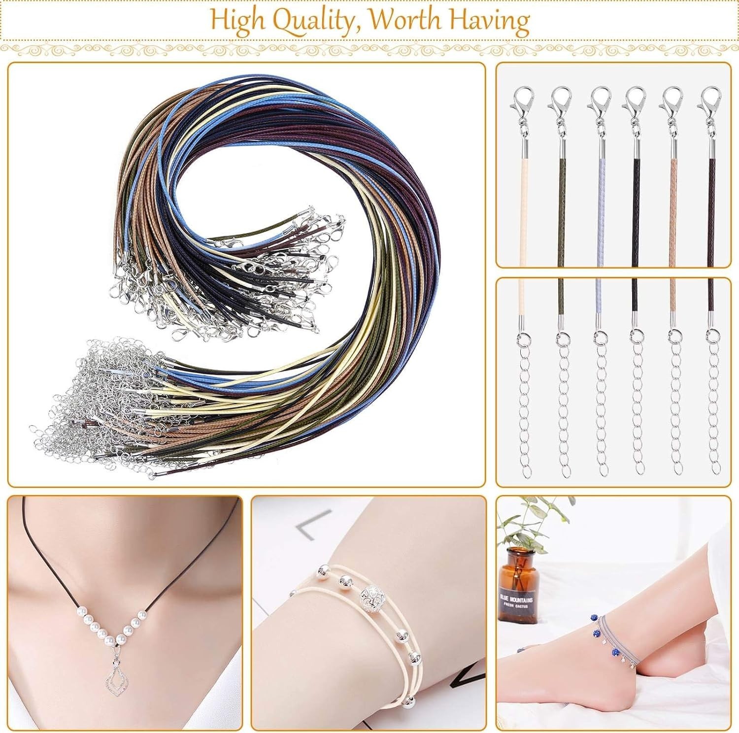 Waxed Cotton Necklace Cord Set – 100 Strings, 18” for Custom Jewelry Creations