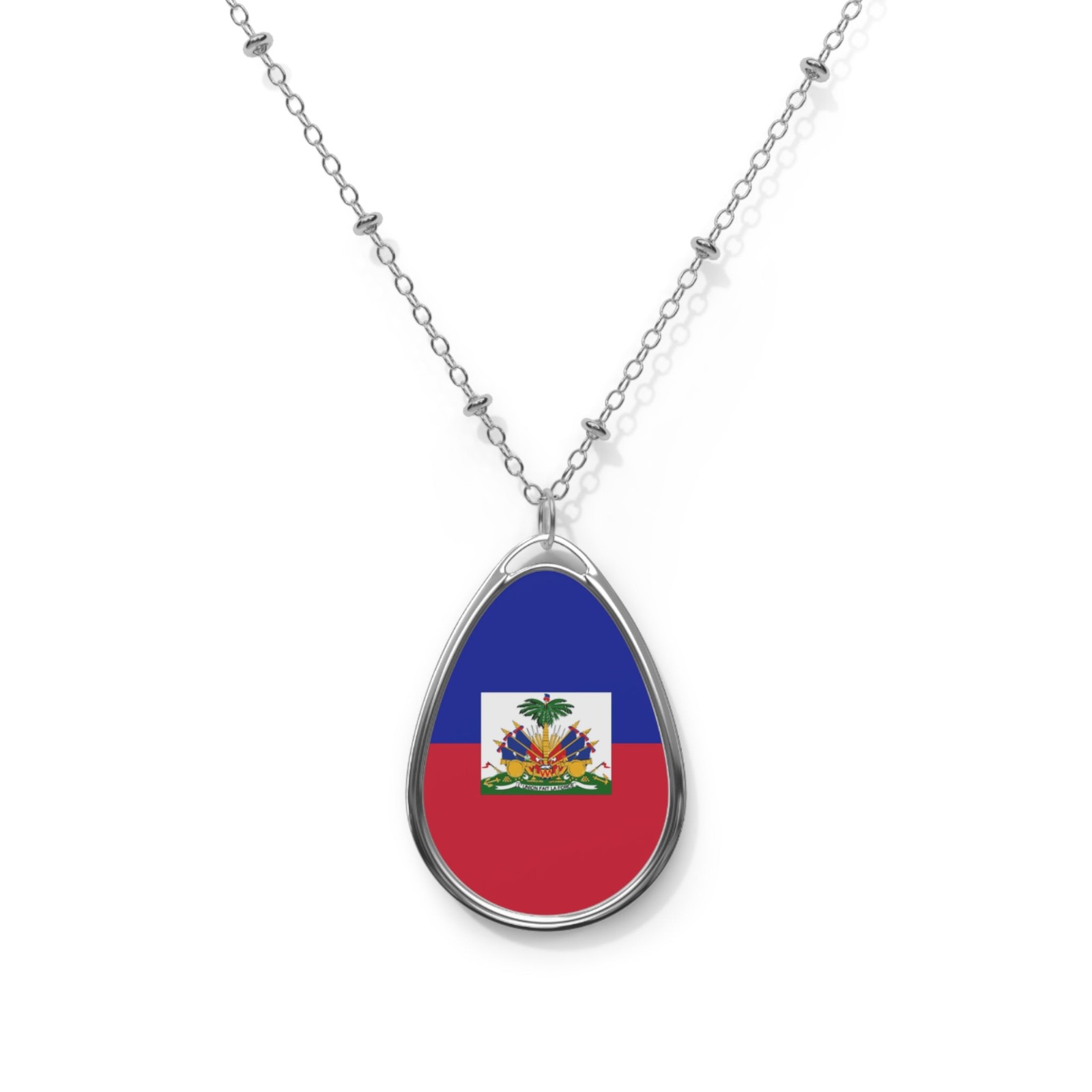 Haiti Flag Oval Necklace – Haitian Heritage Pendant – One Size / Silver