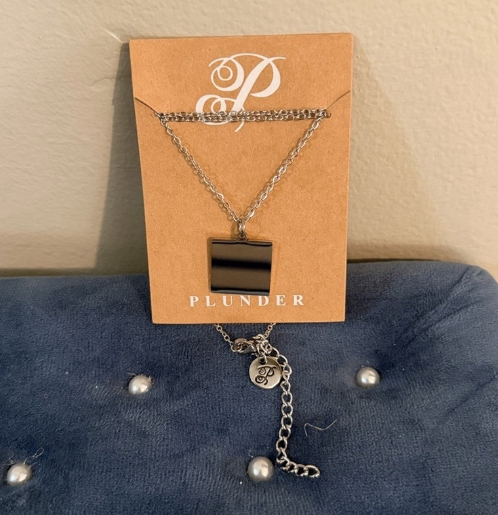 Plunder Silver-Tone Square Pendant Necklace Engraved Adjustable 18-21 in NEW