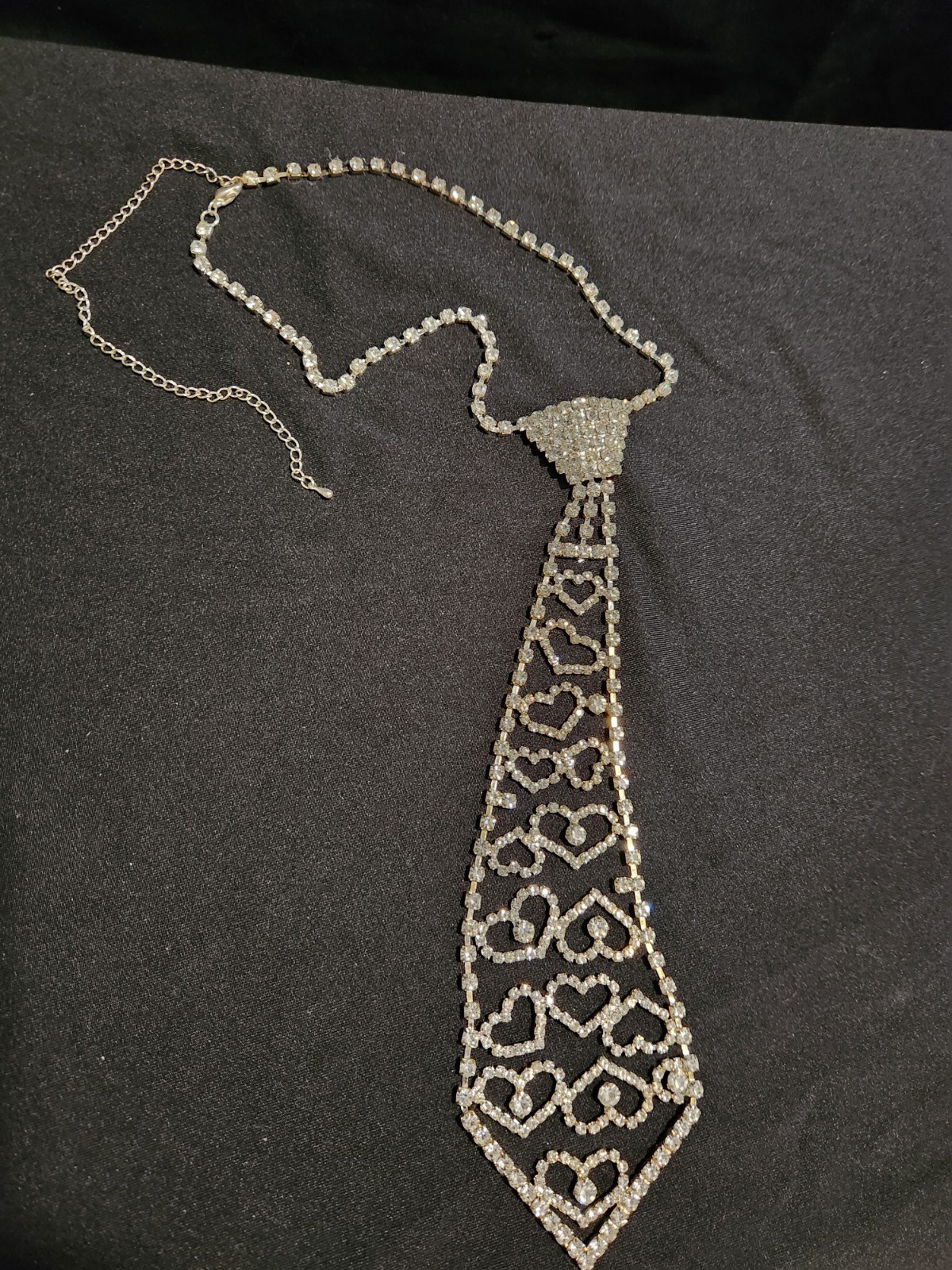 Rhinestone Tie Necklace Clear Silver Toned Fashion Jewelry Hearts Bow Necktie