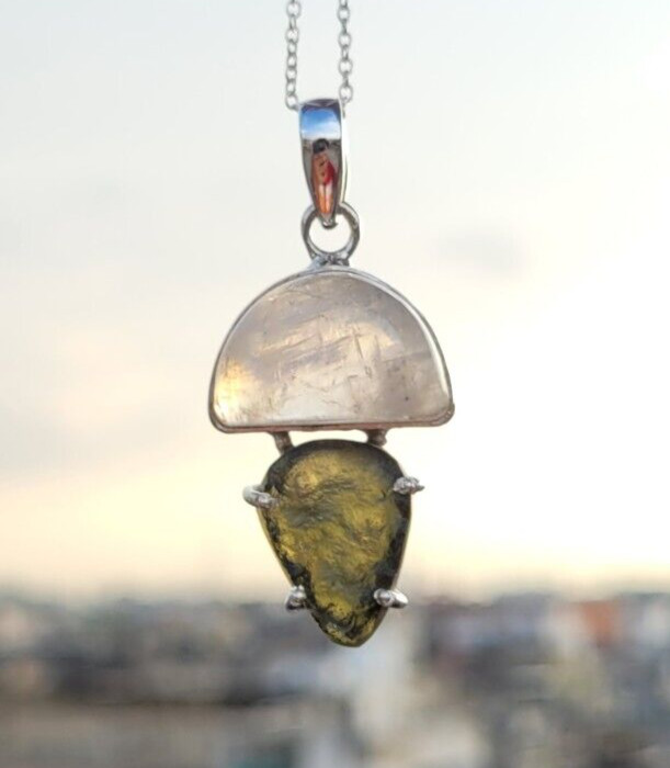 Moldavite & Rainbow Moonstone 925 Silver Pendant Handmade Multi Stones Pendant