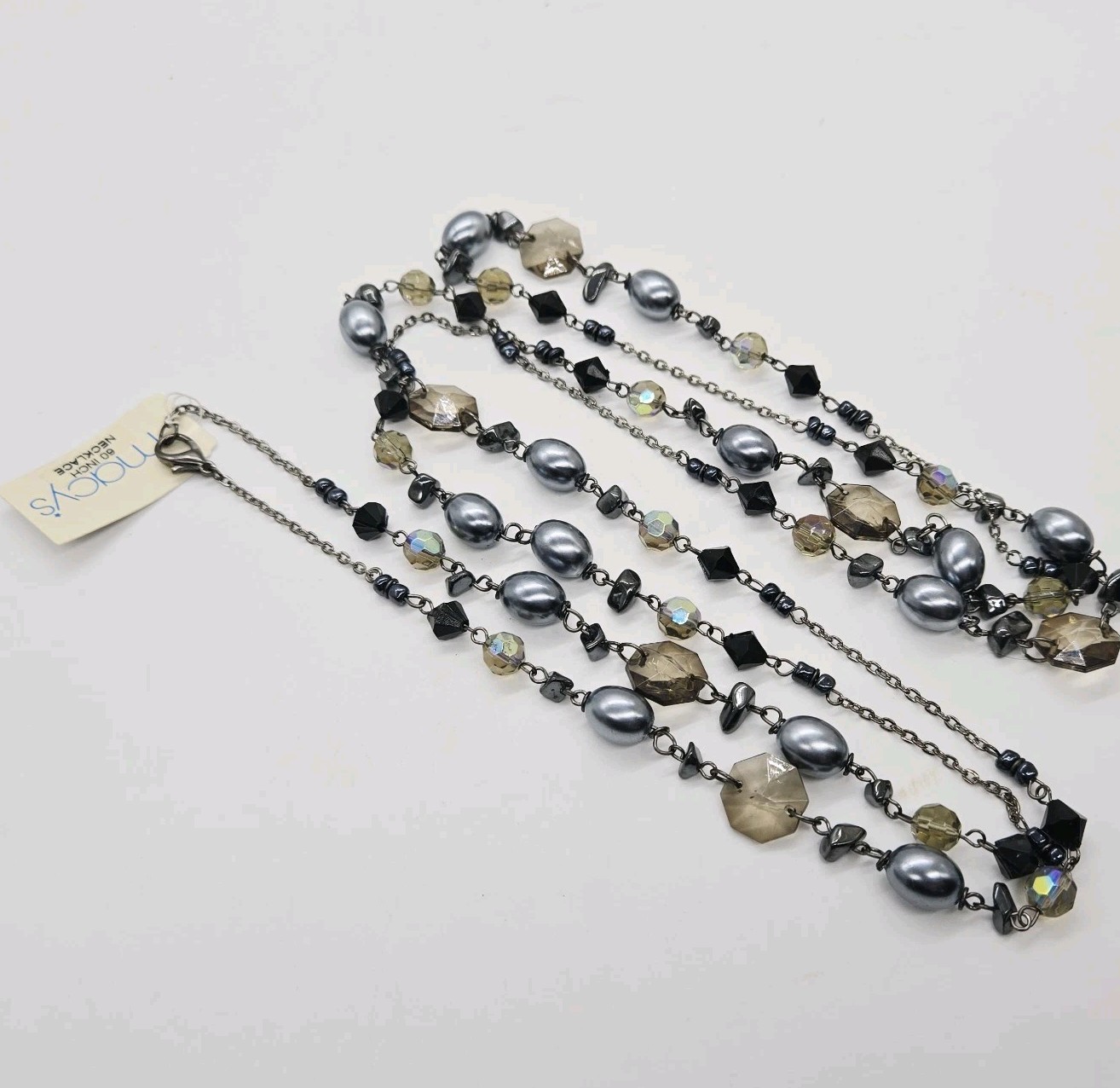 Macy’s Black & Grey Aurora Borealis Beaded necklace Long 60 in