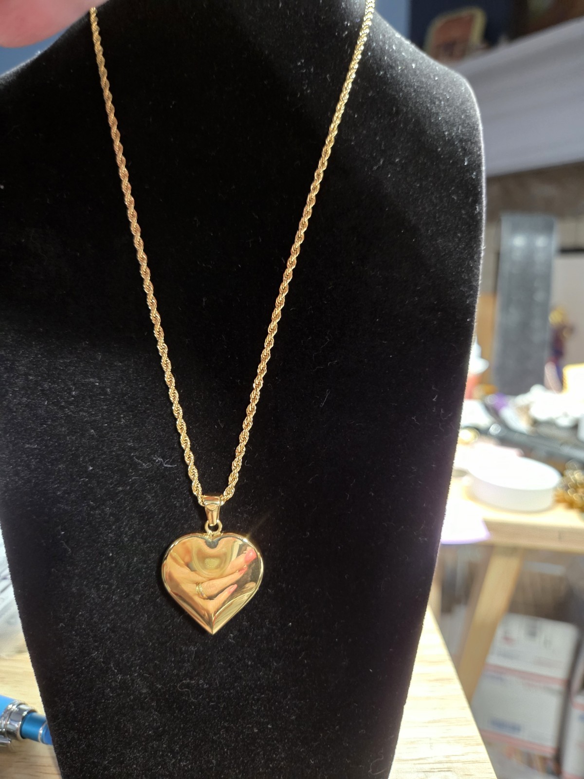 Gold Tone Rope Chain Necklace Puffy Heart Pendant Adult Phrase Inscription 16″