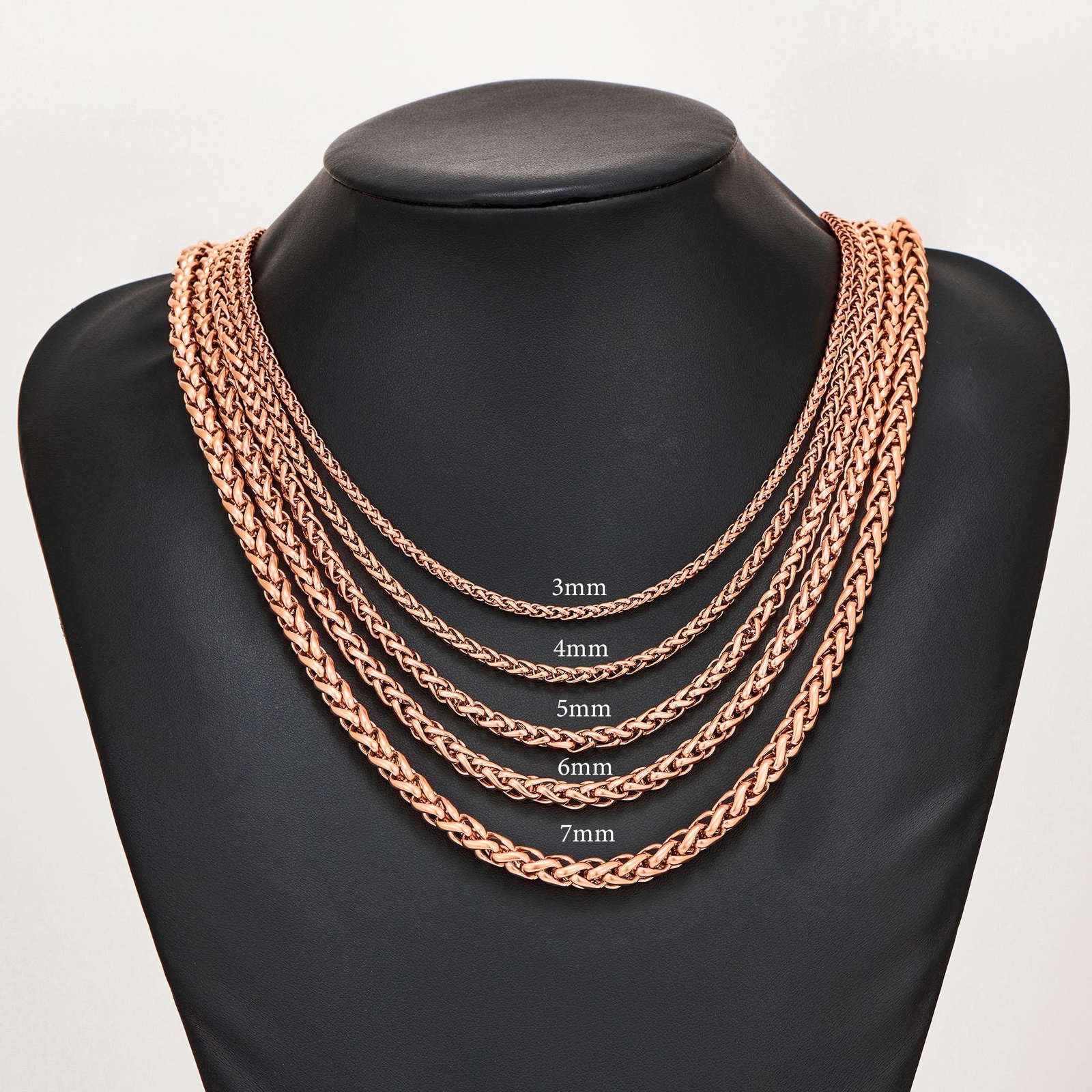 Braided Wheat Link 3-7mm Mens Chain Rose Gold Stainless Steel Necklace Gift