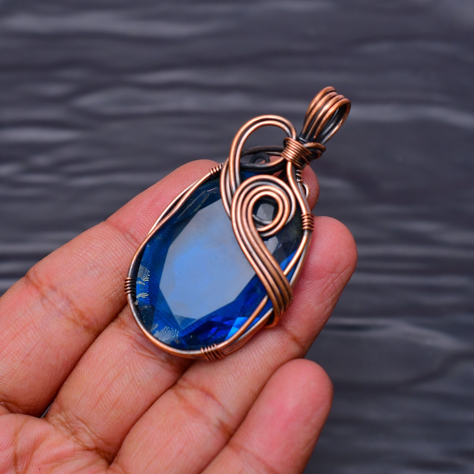 London Blue Topaz Gemstone Copper Wire Wrapped Handmade Jewelry Pendant 2.20″