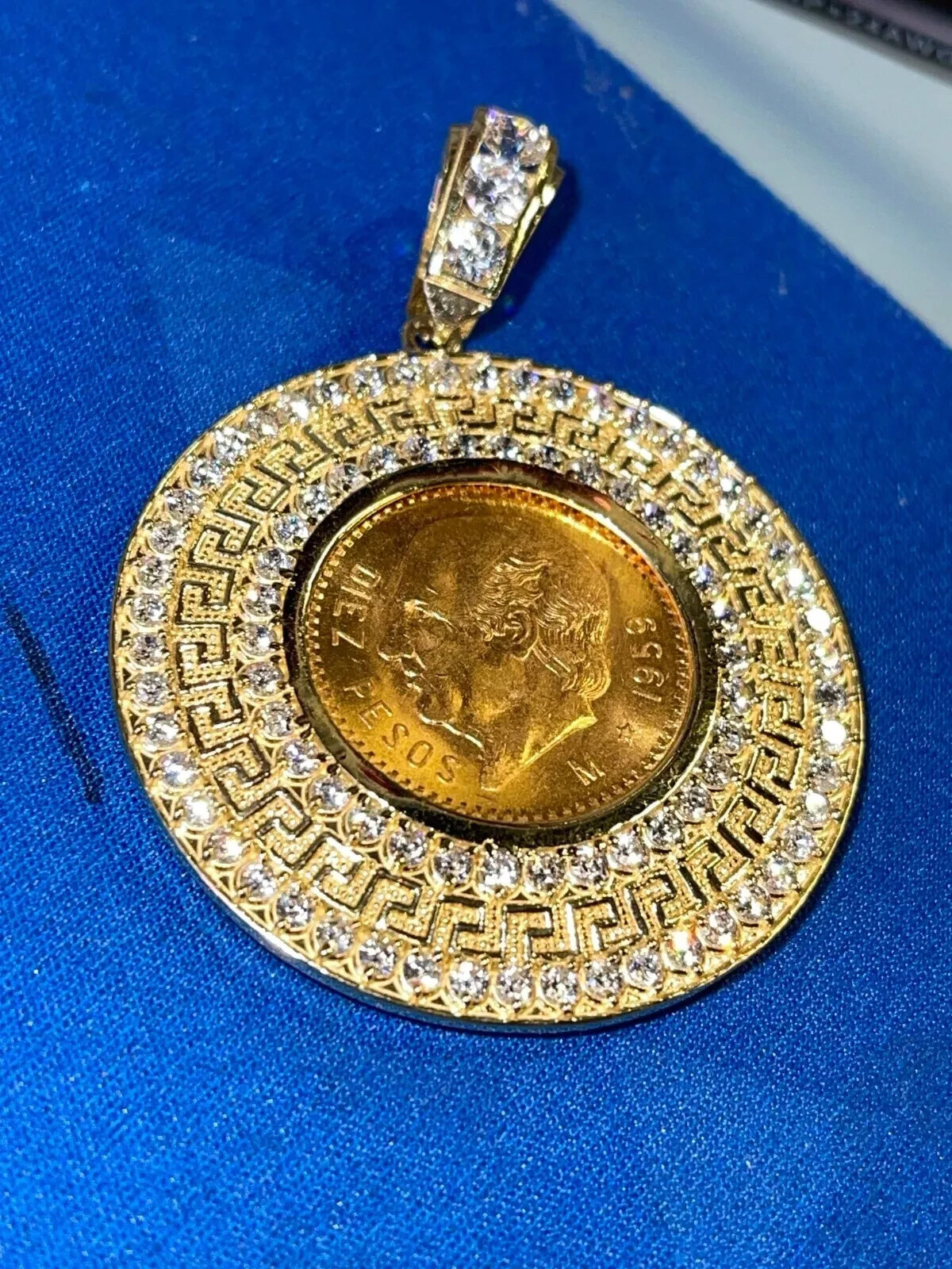 For 10 Peso Coin 11.5g 14k Yellow Gold Bezel Greek Key Bizel Moneda Cubic Zarcon