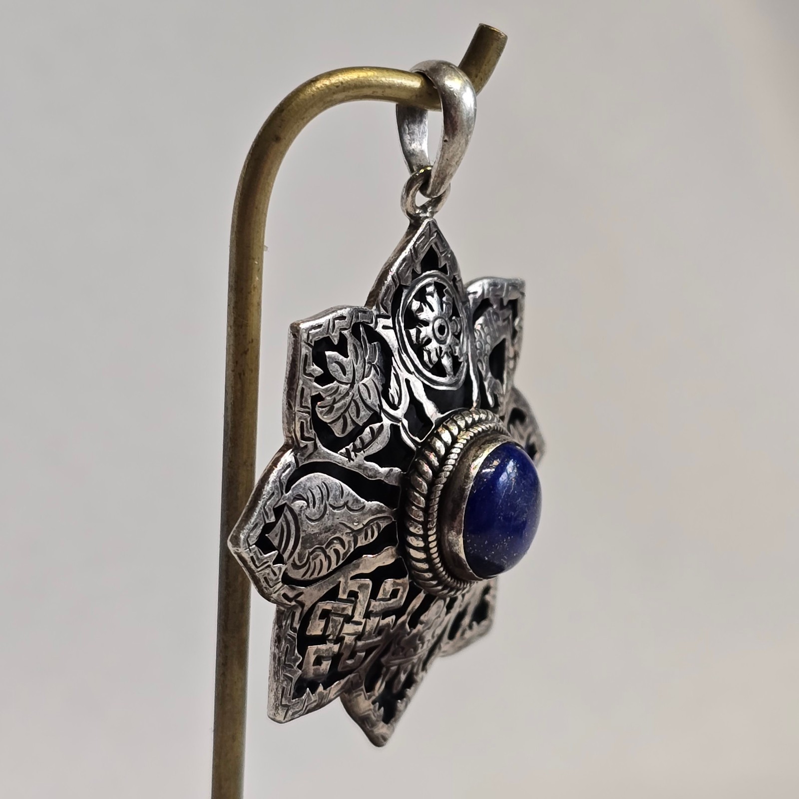 Sterling Silver Pendant 14.93g Jewelry Lapis Look Nepal Symbols Charm *READ*