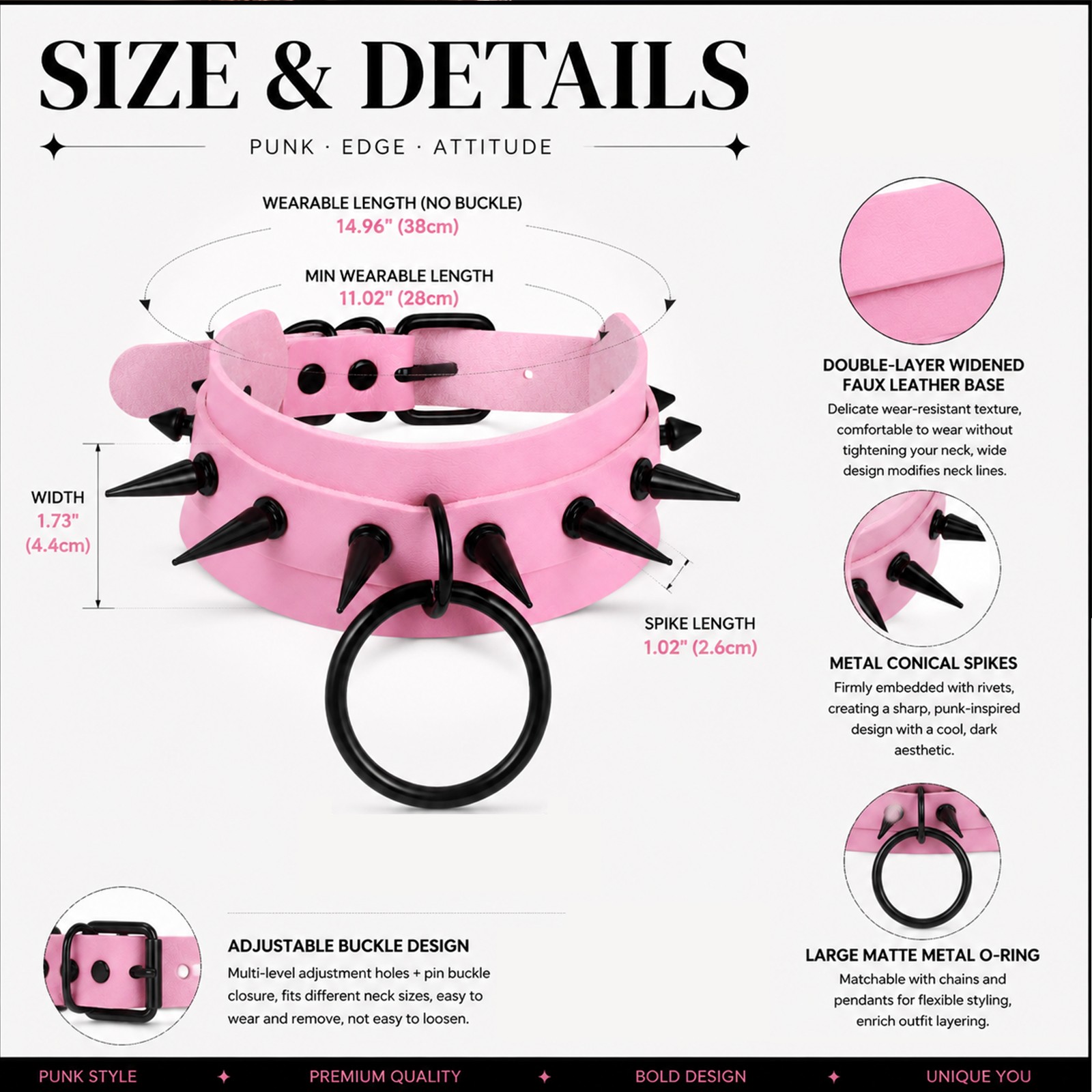 Punk Rocker PU Leather Spike Studded Choker Necklace for Women Adjustable Collar