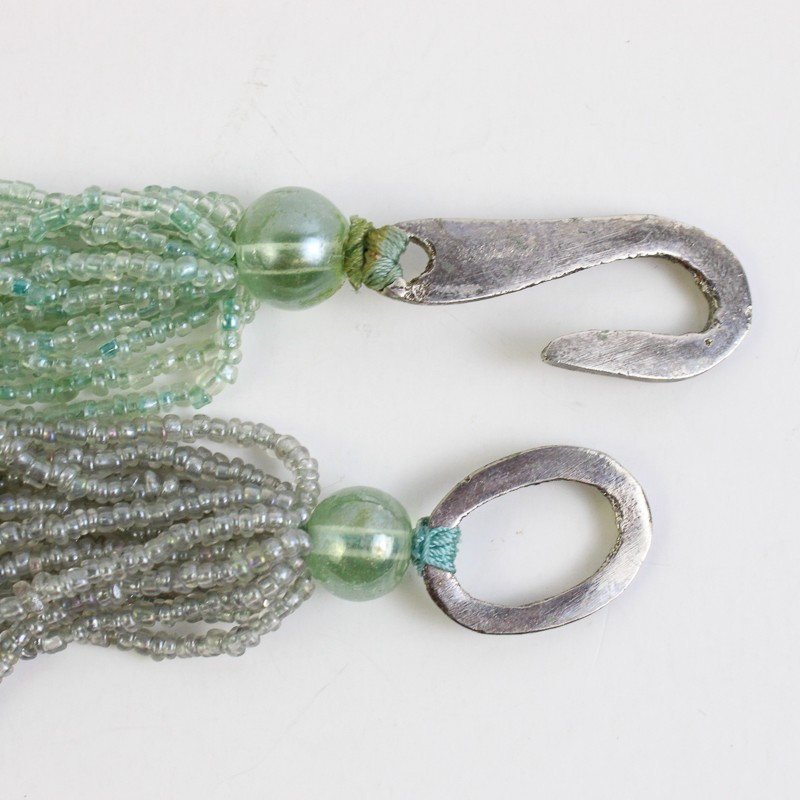 Green and Colorless Glass Multi-Strand Beaded Necklace Hook and Eye Closure 32″