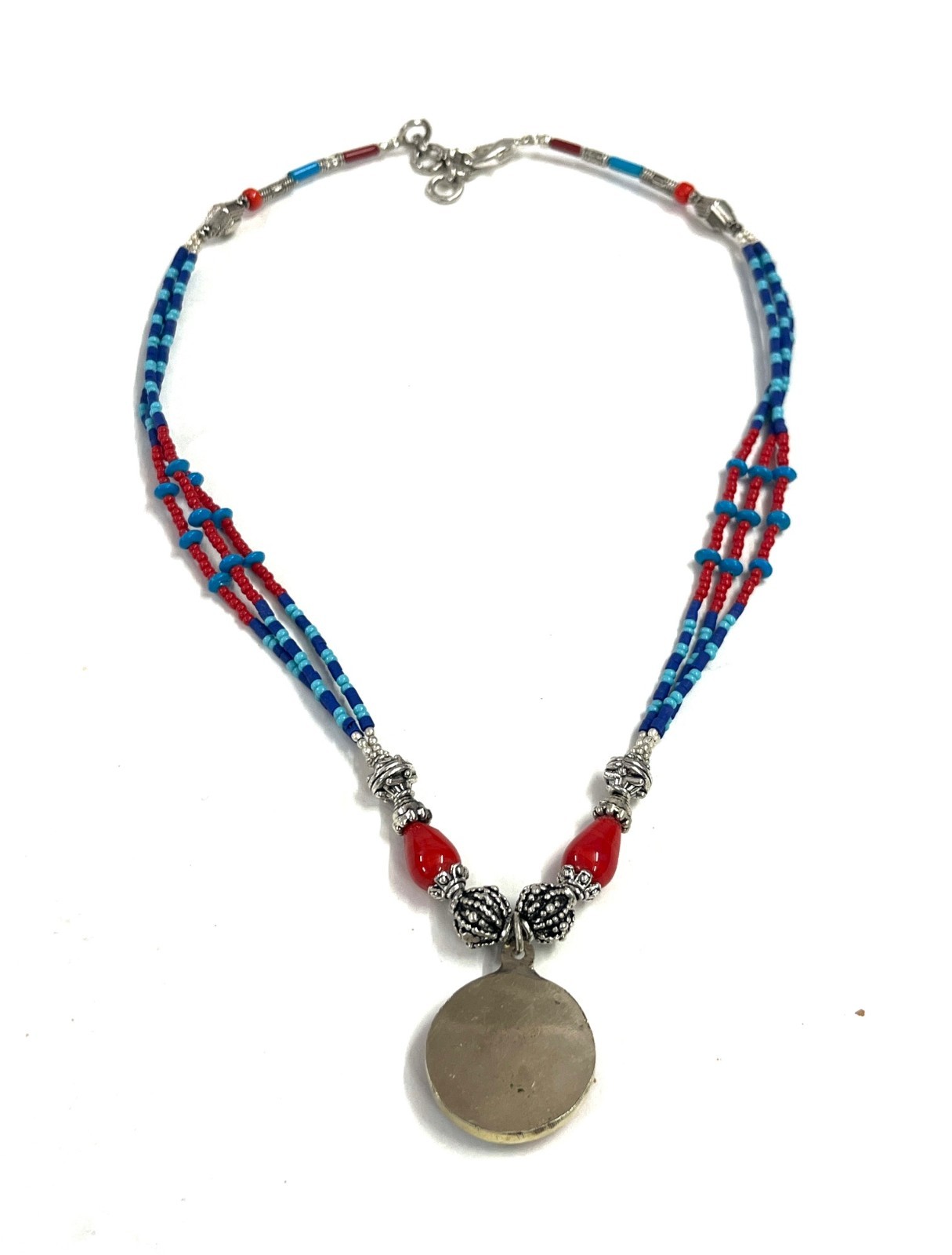 Ethnic Coral Lapis Gemstone Tibetan Art Deco Necklace Jewelry, 17 inch Adjus