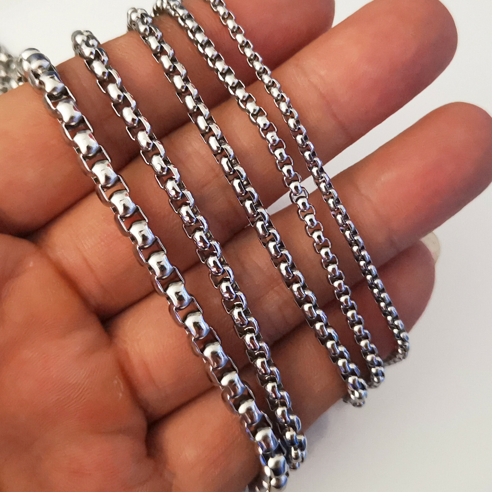 Rounded box chain stainless steel bracelet or necklace Venetian chain 7–34 inch