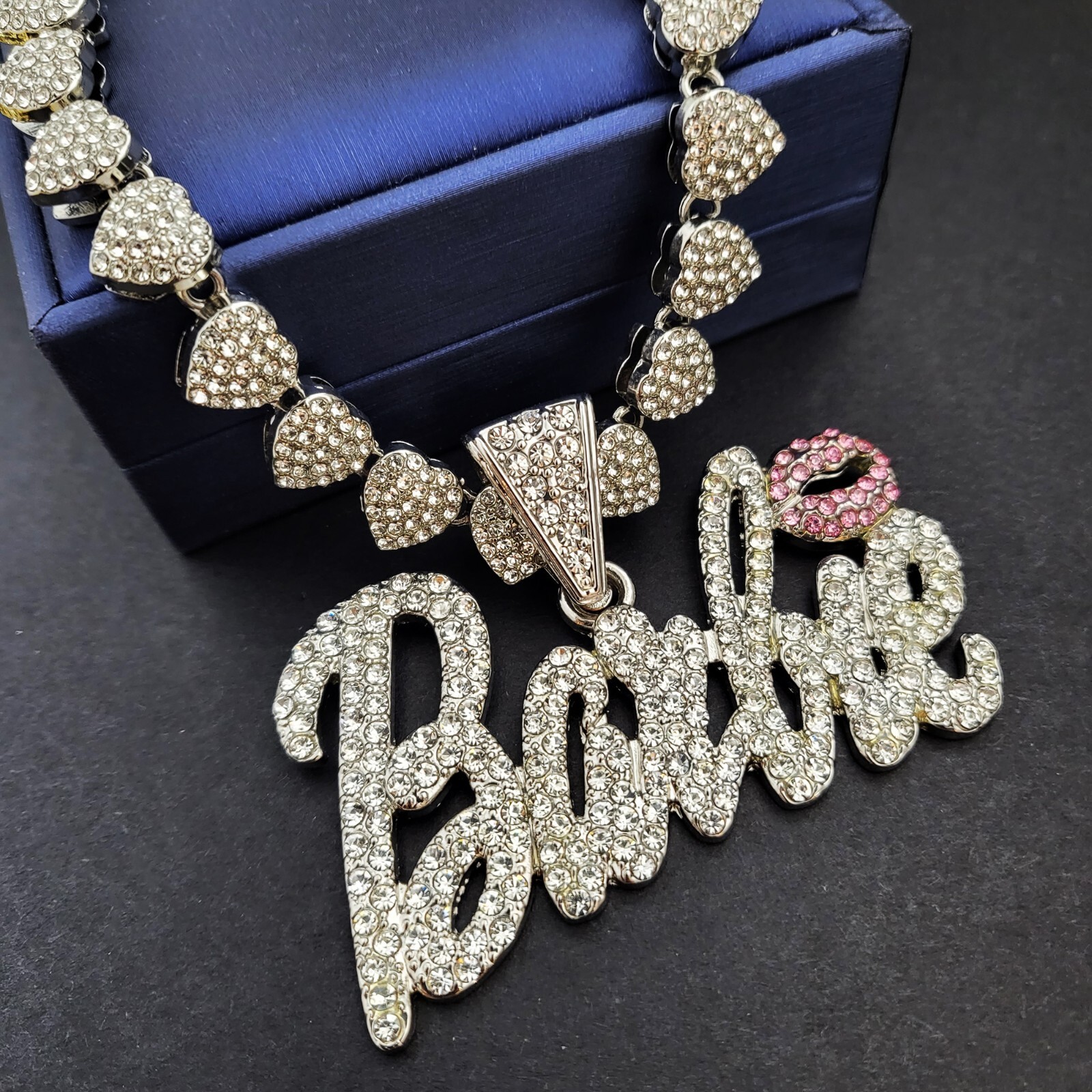 Women Silver Plated Barbie Charm & 20″ Iced Cubic Zirconia Heart Chain Necklace