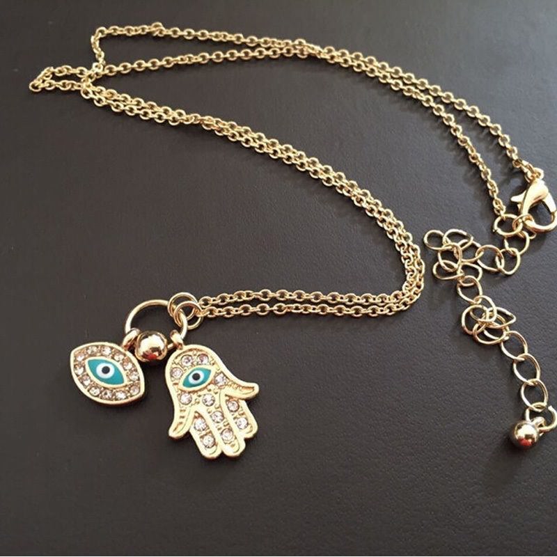 Women’s Fashion Jewelry Silver Gold Evil Eye Hamsa Hand Pendant Necklace 64-2