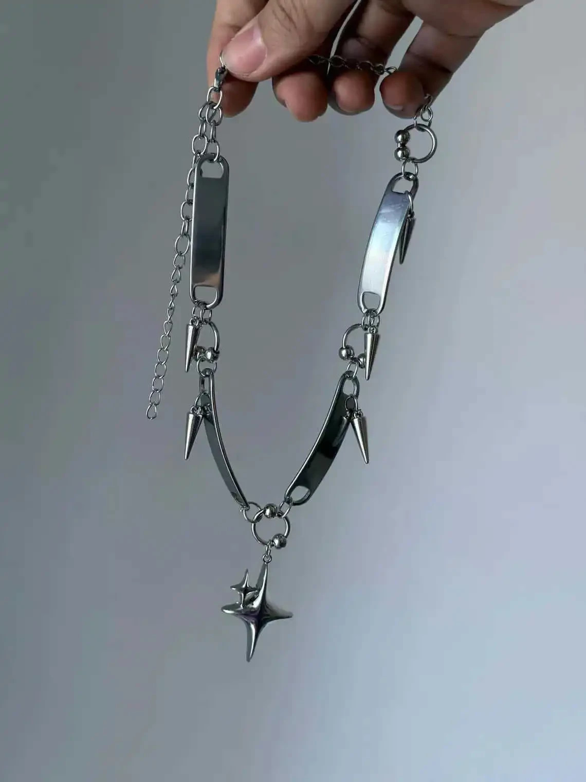 Gothic Y2K Star Choker Necklace Punk Spike Pendant Silver Metal Grunge Jewelry