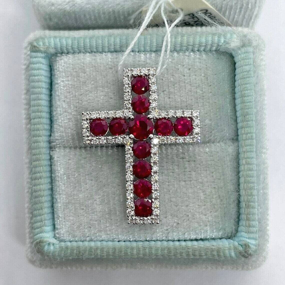 2Ct Round Cut Simulated Red Ruby Women Holy Cross Pendant 14k White Gold Plated