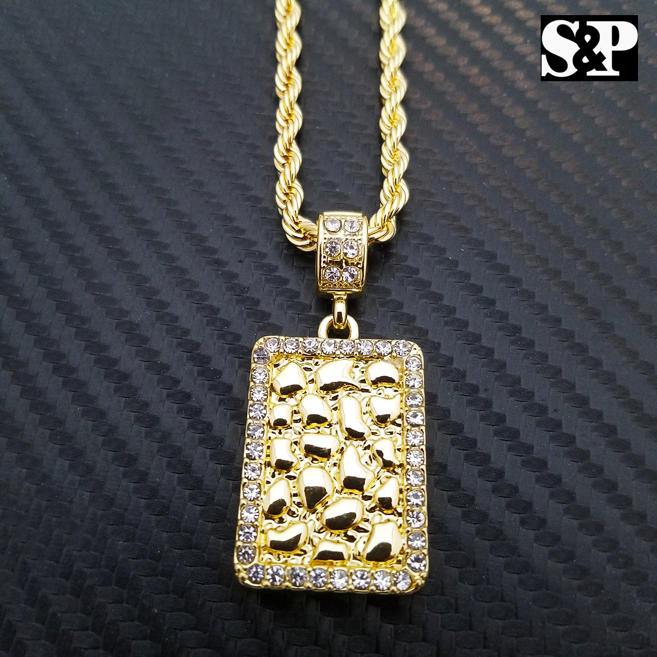 Hip Hop Iced Gold Plated Golden Nugget Bar Pendant & 24″ Rope Chain Necklace
