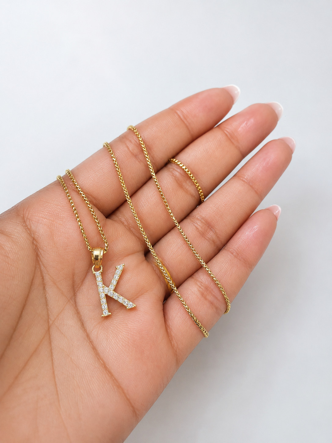10K Gold Solid Franco Chain K Initial CZ Stone Pendant Set 1mm 16 18 20 22 Women