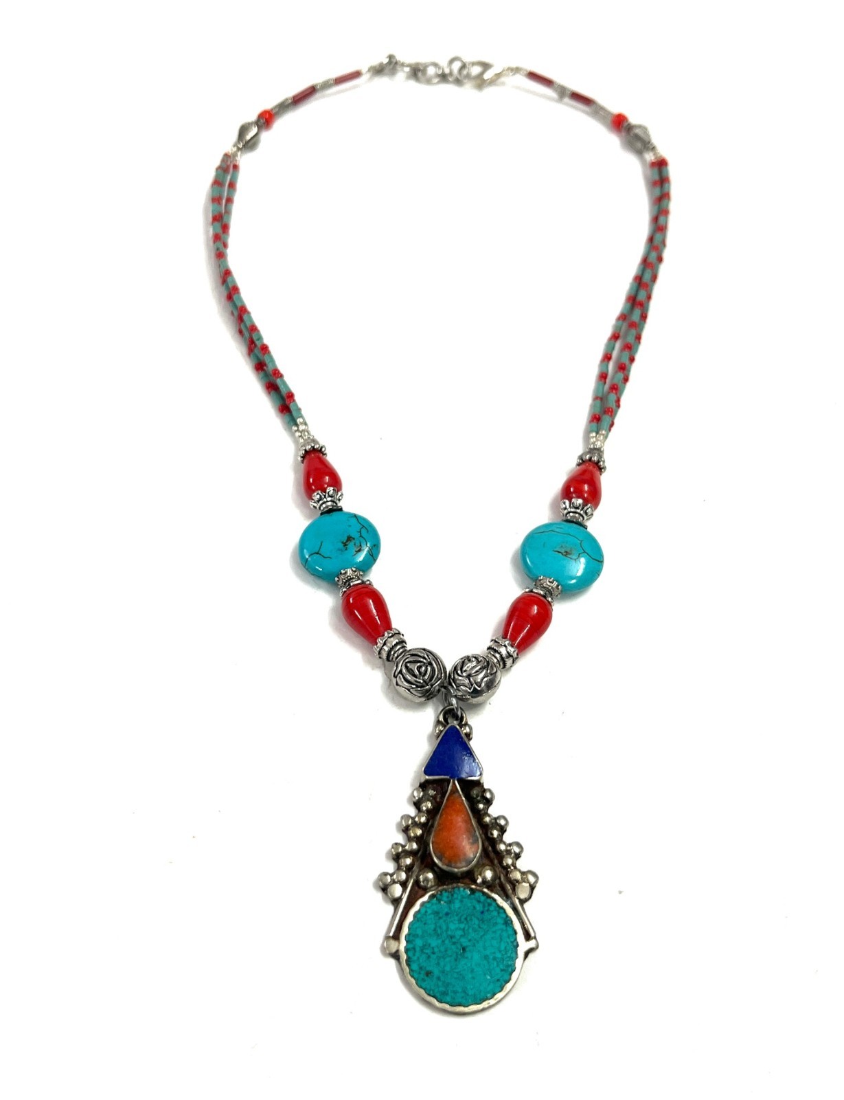 Antique Turquoise Coral Gemstone Tibetan Bohemian Necklace Jewelry, 18 Inc Adjs