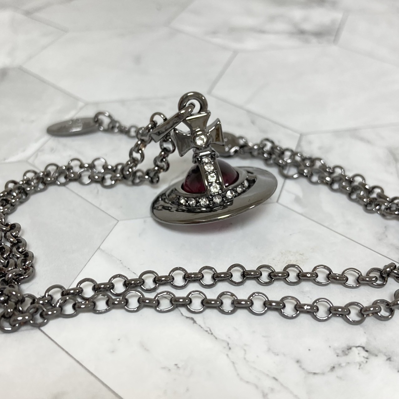 Vivienne Westwood Necklace Tiny Orb Gunmetal Wine Red w/Pouch NO BOX