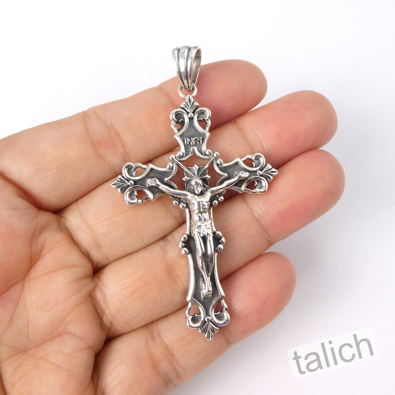 Solid 925 Sterling Silver Ornate Floral Scroll Crucified Jesus Cross Pendant