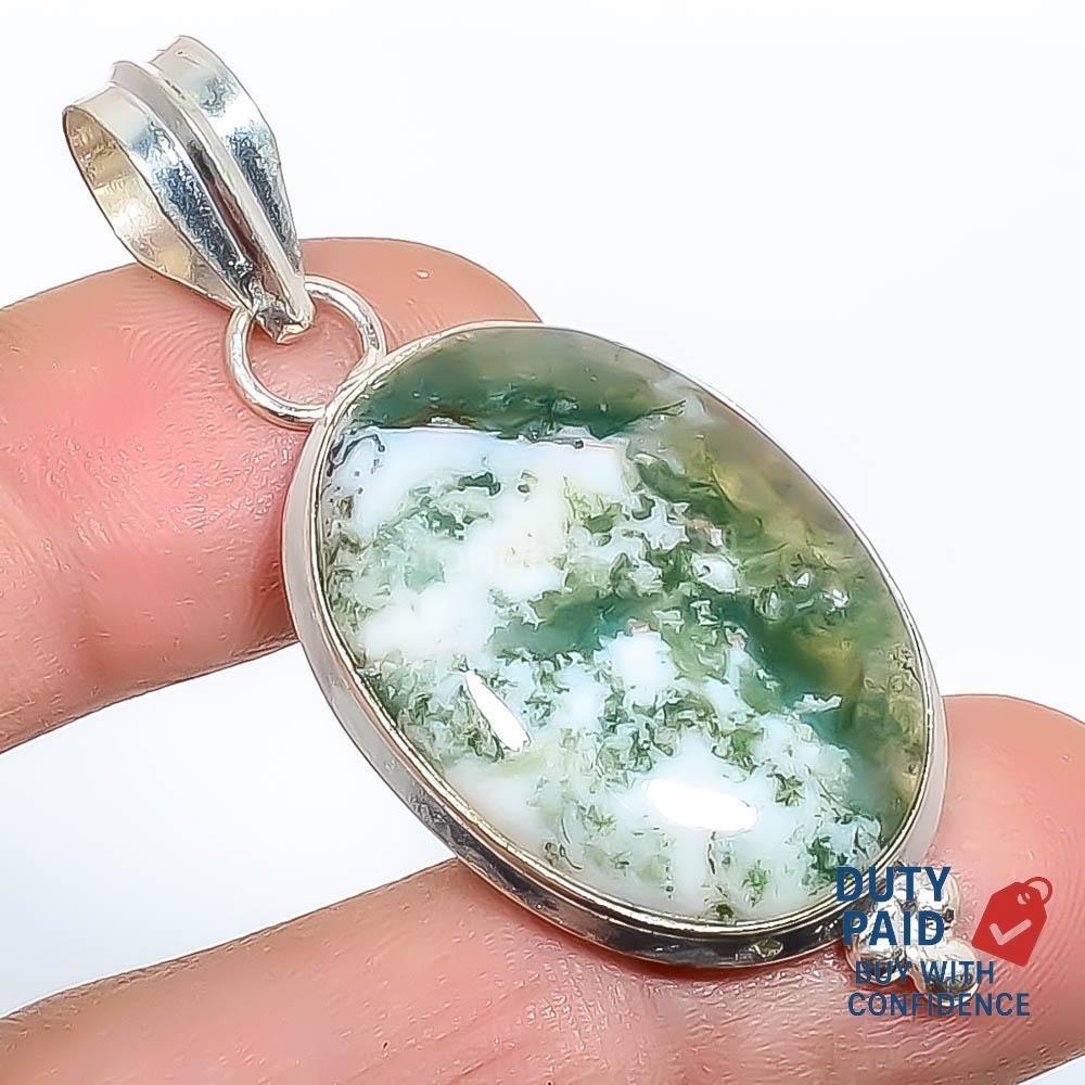 925 Silver Plated Genuine Agate Wife Channel Set Art Deco Boho Pendant Jewelry