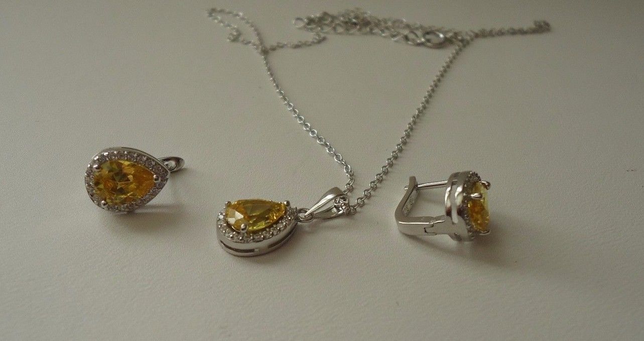 PENDANT & EARRING SET W/ 7.20 CT YELLOW / WHITE ACCENTS /925 STERLING SILVER