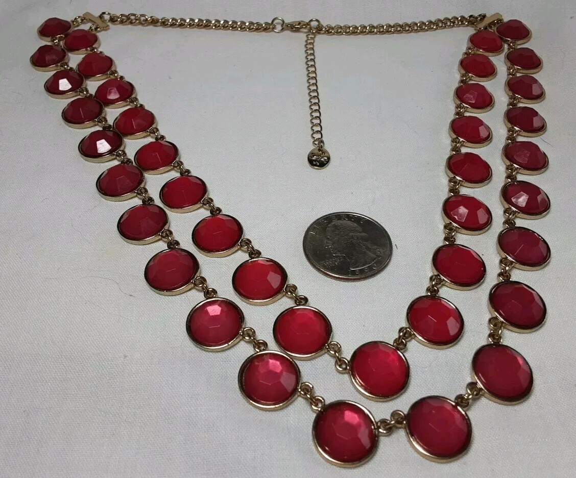 Necklace Gold Tone Red Double ( 2) Gradual Strands Faceted Disks Adj