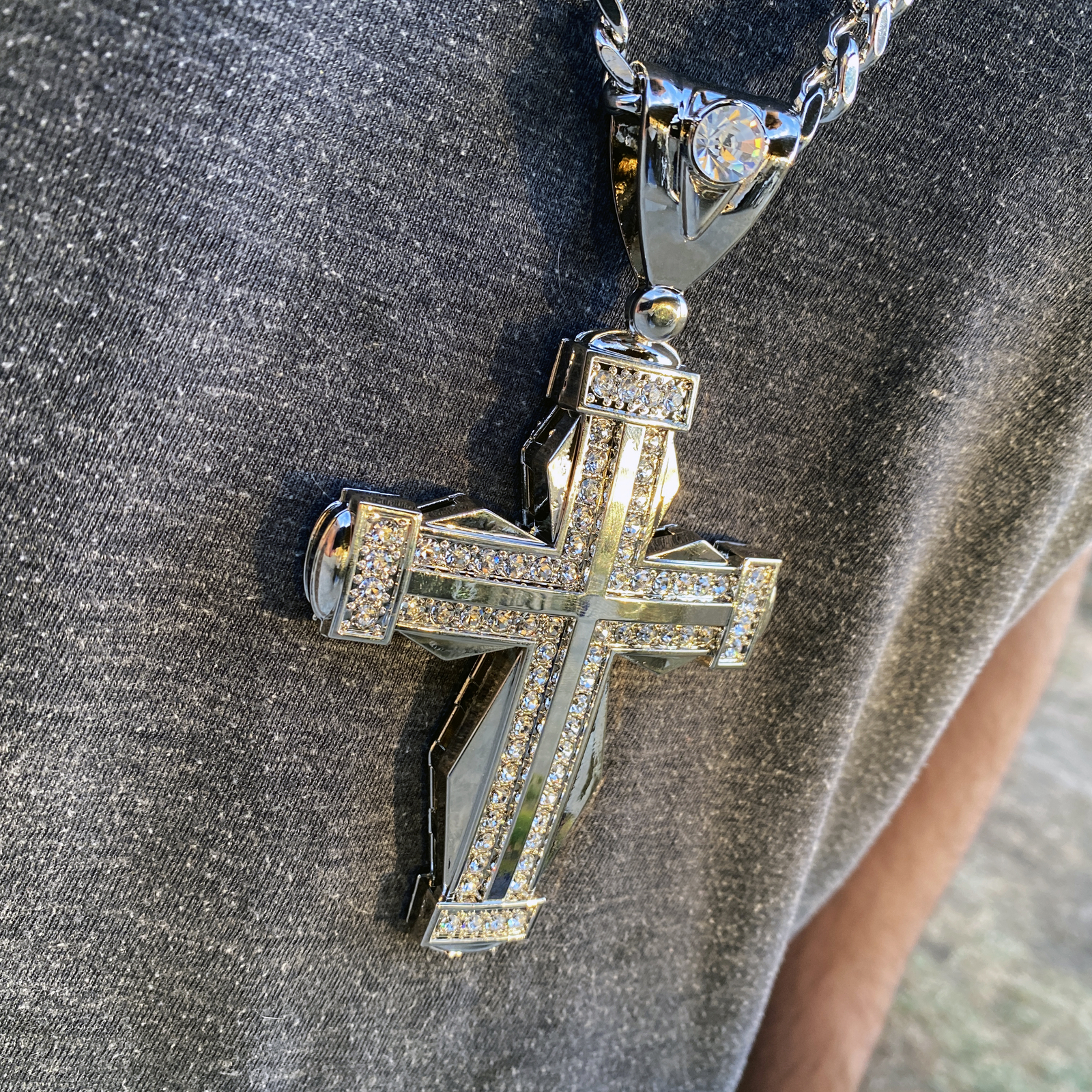 Men Huge Double Cross Pendant Jesus Necklace Silver Tone Hip Hop Cuban Chain 30″