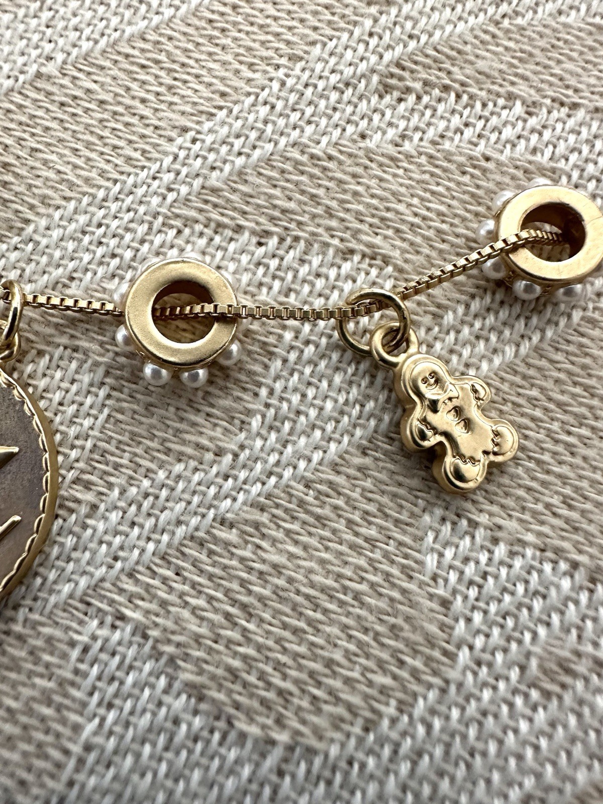 Aerie Gold Tone Charm Necklace Heart Teddy Bear LOVE Faux Pearl Adjustable 18-21