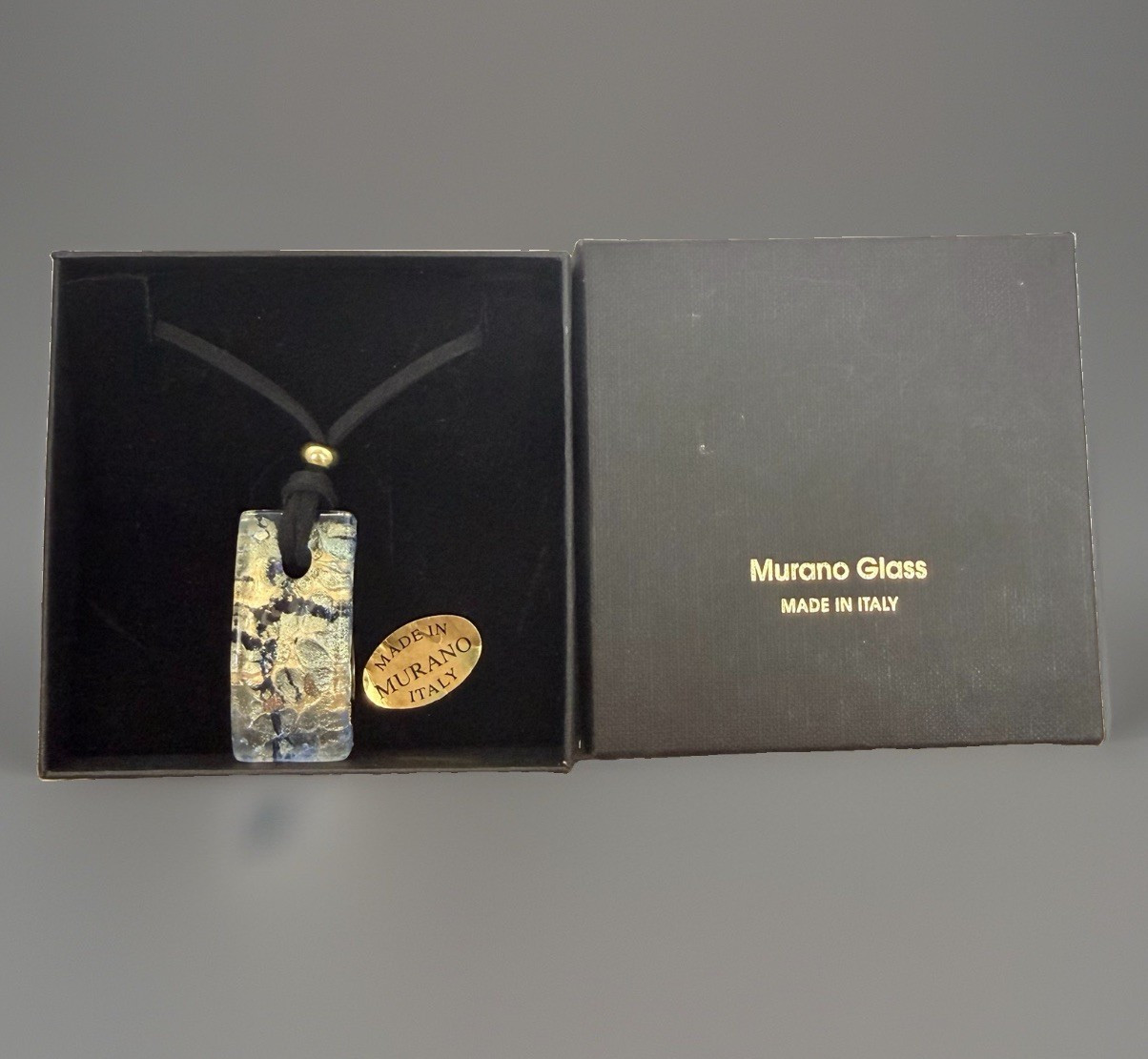 Murano Glass Signed Blue Gold Rectangle Charm Pendant Cord Necklace Italy