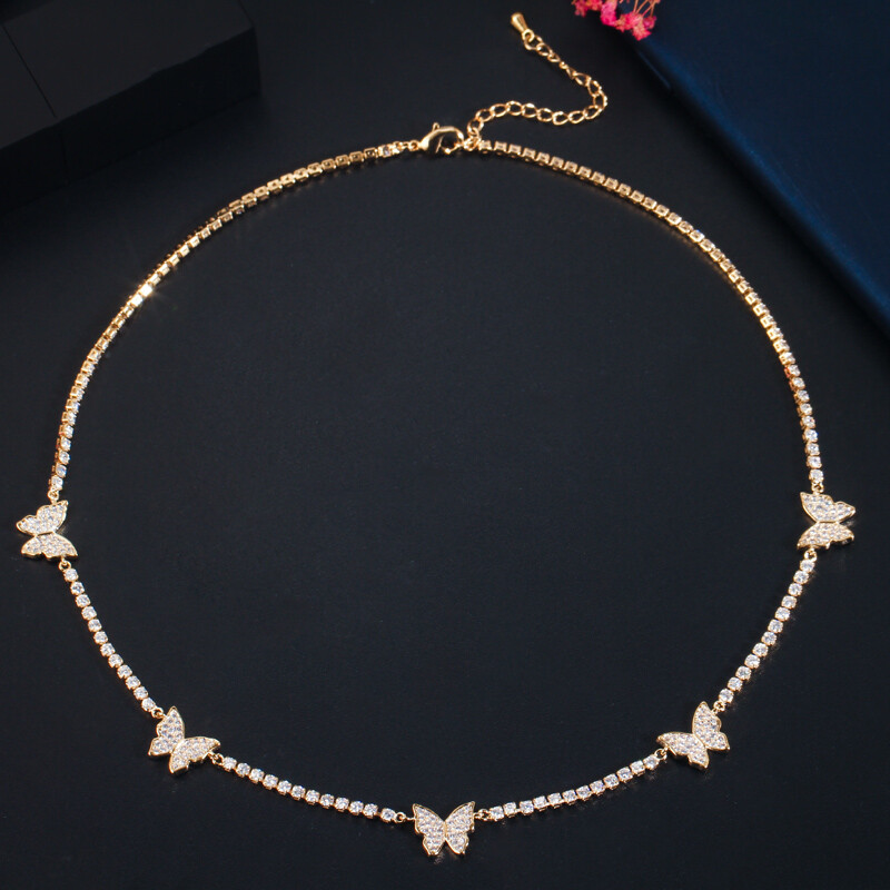Cubic Zirconia Tennis Butterfly Connect Clavicle Round Choker Necklace for Women