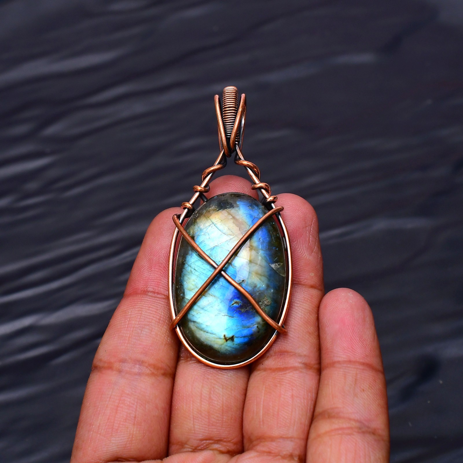 Labradorite Gemstone Copper Wire Wrapped Handmade Jewelry Pendant 2.48″