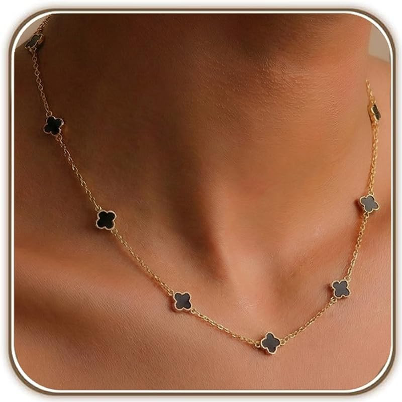 14K Gold Plated Tiny Clovers Necklace for Women, Very Small Dainty Gold Plated 4