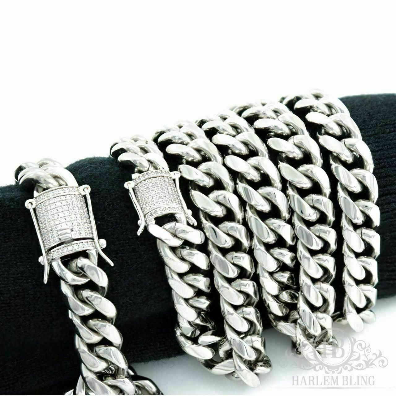 Cuban Miami Silver Bracelet & Chain Set Stainless Steel 925 Simulated Diamond