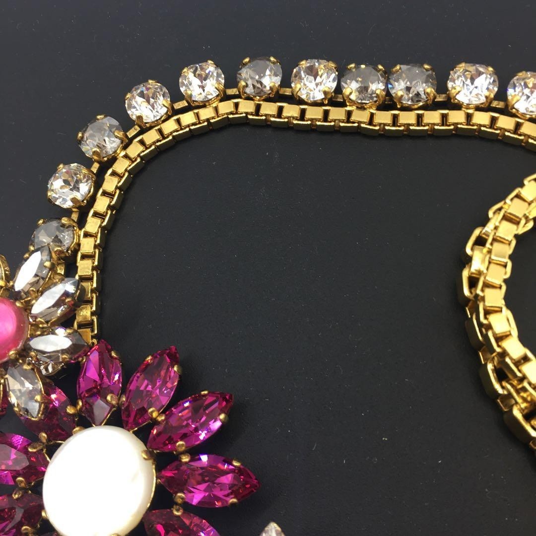Philippe Ferrandis Pink Black Clear Bijou Flower Motif Necklace in Rare