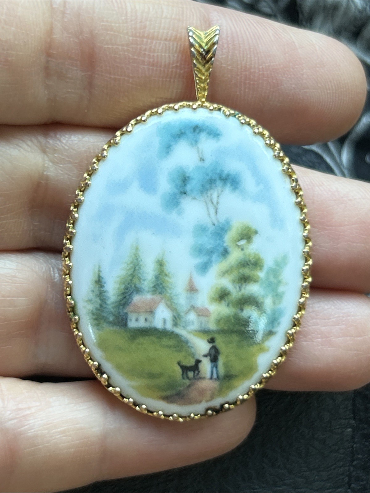 Vintage Pendant Porcelain Hand Painted Scene Boy & Dog Kaiser West Germany