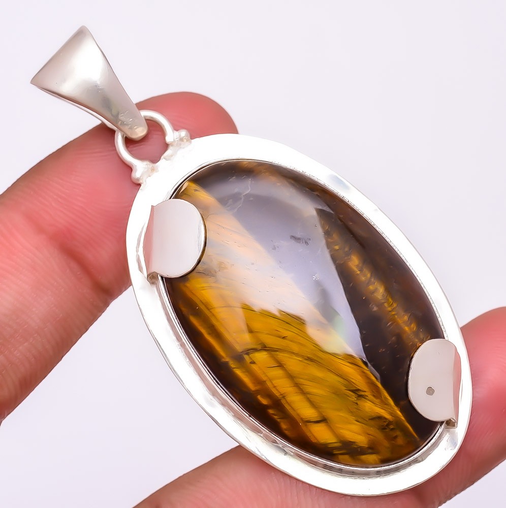 Natural Tiger’S Eye Gemstone 925 Silver Plated Jewelry Pendant 2.5″ M1416