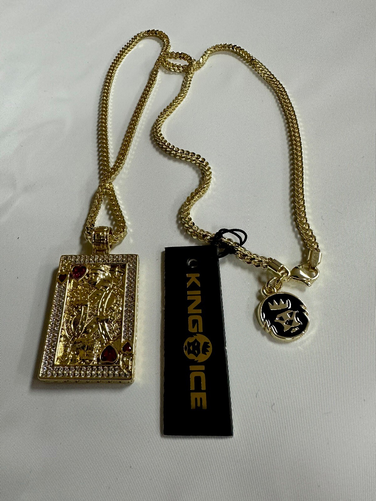 New KING ICE Suicide King and Queen Of Hearts Pendant w 24″ 2.5mm Franco Chain