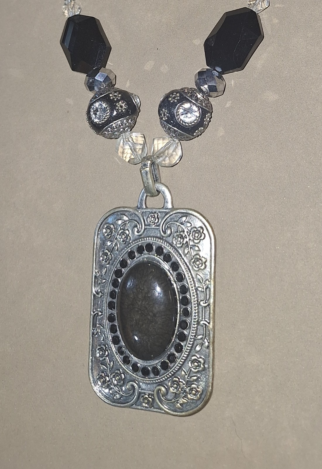 Black & Silver Tone Beaded Necklace w/ Rectangle Charm Pendant