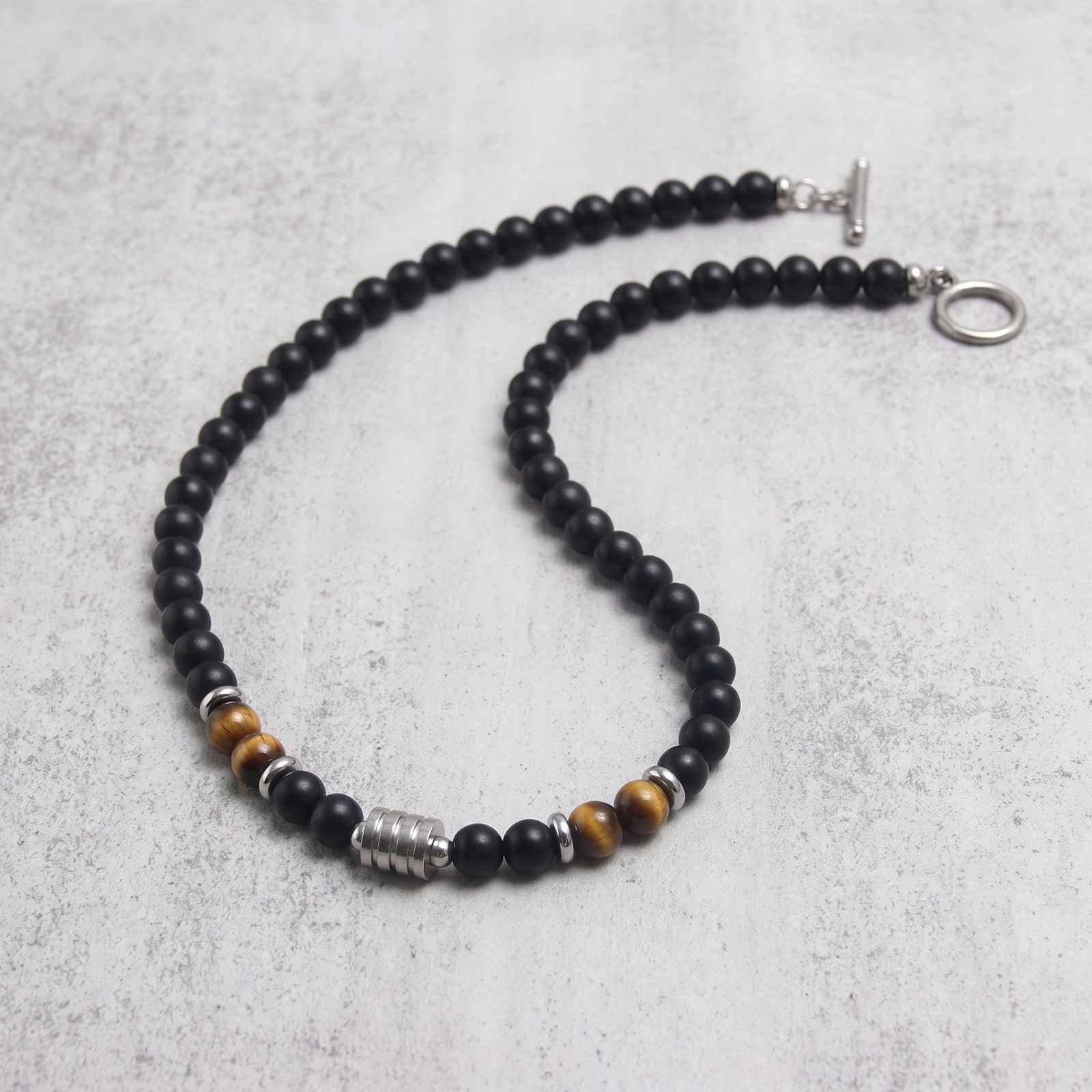 Mens Tiger Eye Black Beaded Necklace Stainless Steel OT Clasp Boho Healing Gift