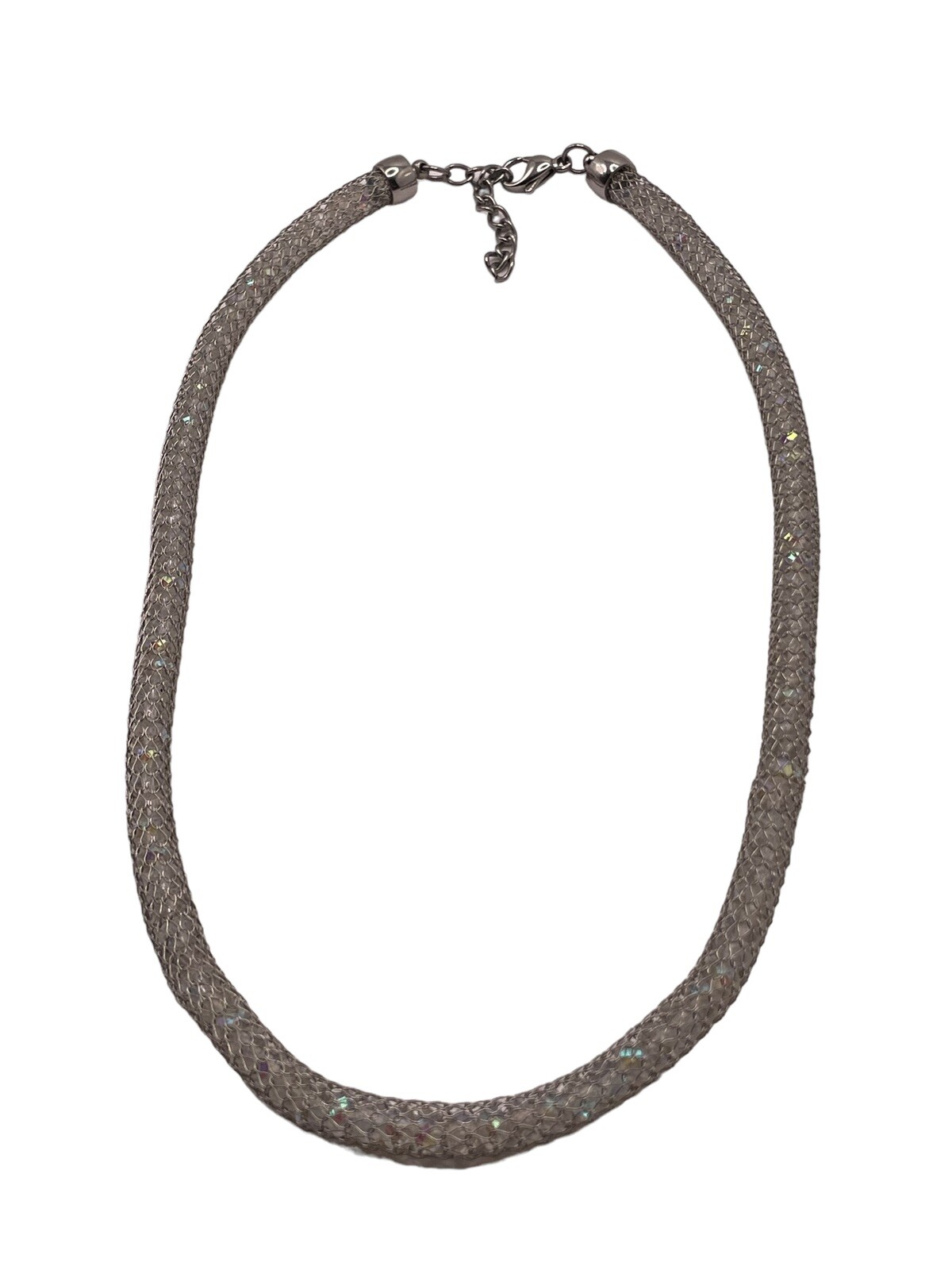 Stainless Steel China Mesh Net Aurora Borealis Bead Silver Tone Necklace Modern